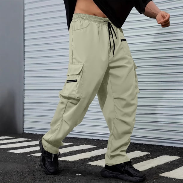 Pantalones largos para hombre, casuales, de moda, de color sólido, con cordón, cintura elástica y bolsillos.