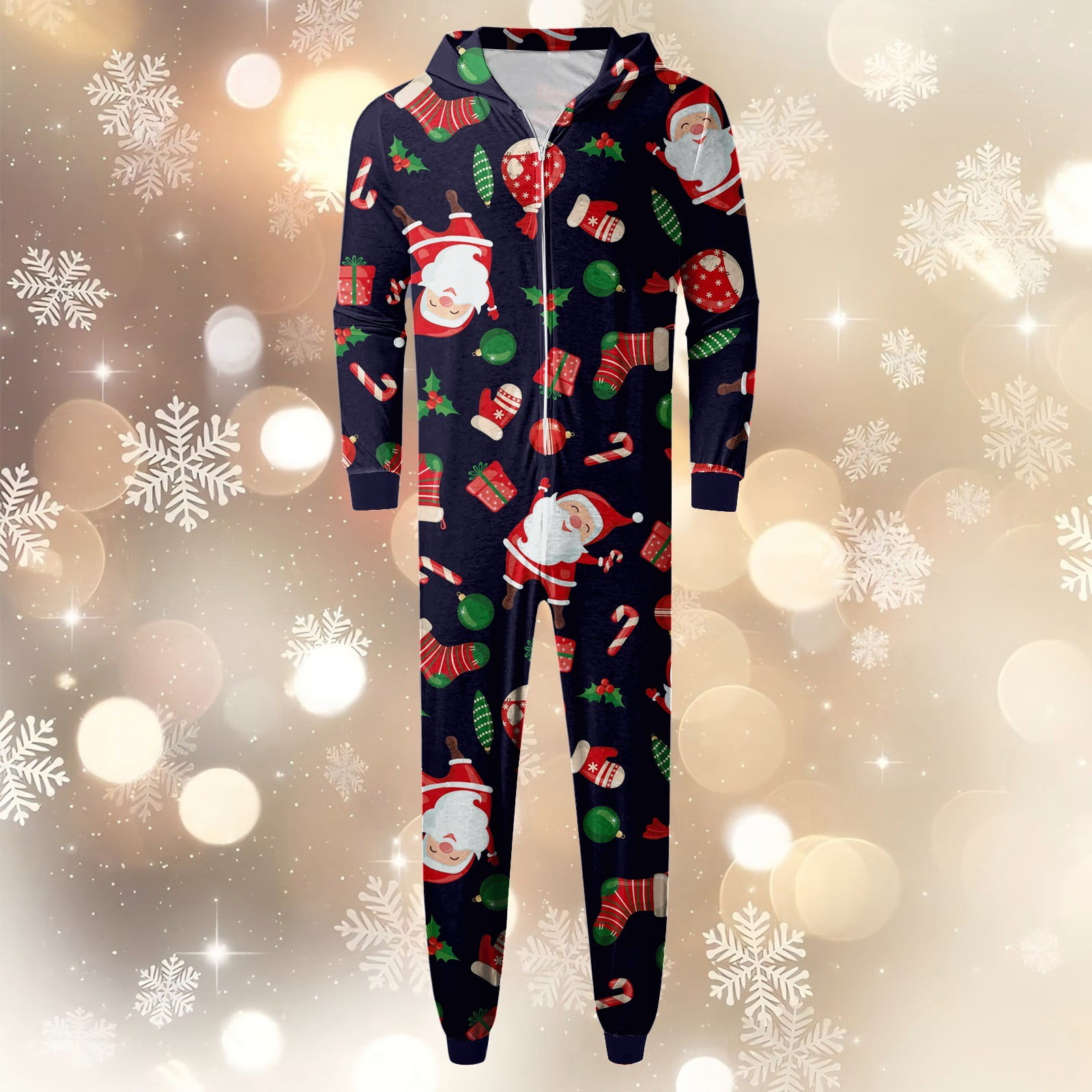 CUZIBR Christmas Family Pajamas Hooded Full Zipper Up Sleepwear Outfits Long Sleeve Cute Snowflake Print One Piece Jumpsuits Loungewear For Dad,Navy,Xxl