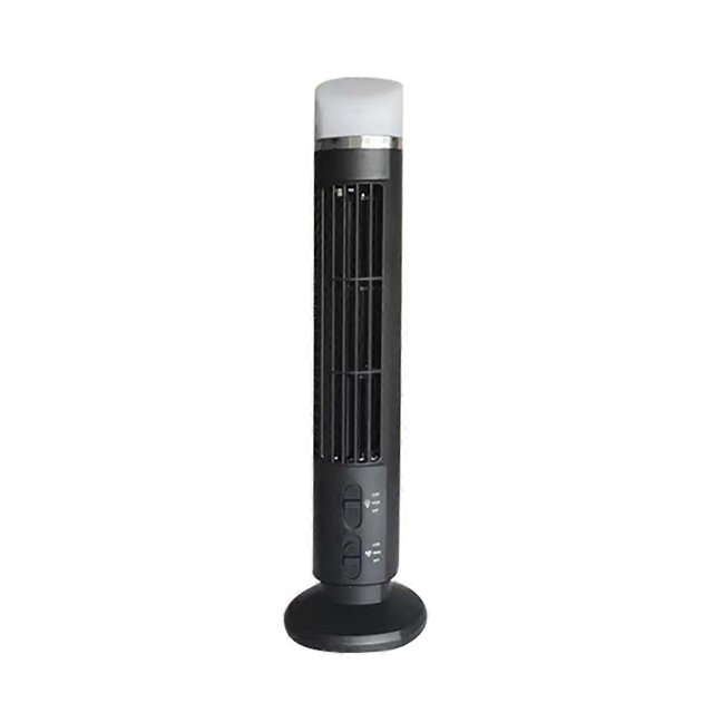 portable air cooler fan,streamlined tower fan with led,powerful wind,space-saving, bladeless design — Ventilador de torre portátil con diseño sin aspas y carcasa de plástico; perfil delgado frontal con rejillas verticales, base redonda y cubierta LED superior; controles frontales con dos posiciones (ALTA/BAJA) y conexión USB incluida para uso con PC o adaptador; ideal para departamentos, oficinas y dormitorios; a menudo usado para refrescar escritorios y áreas personales.