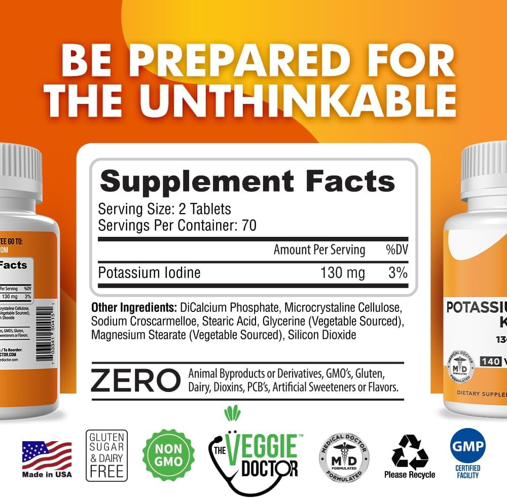 The Veggie Doctor Potassium Iodide 130mg – 140 Vegan Tablets – Iodine Supplement for Adults and Kids – USA-Made, Non-GMO, Gluten-Free