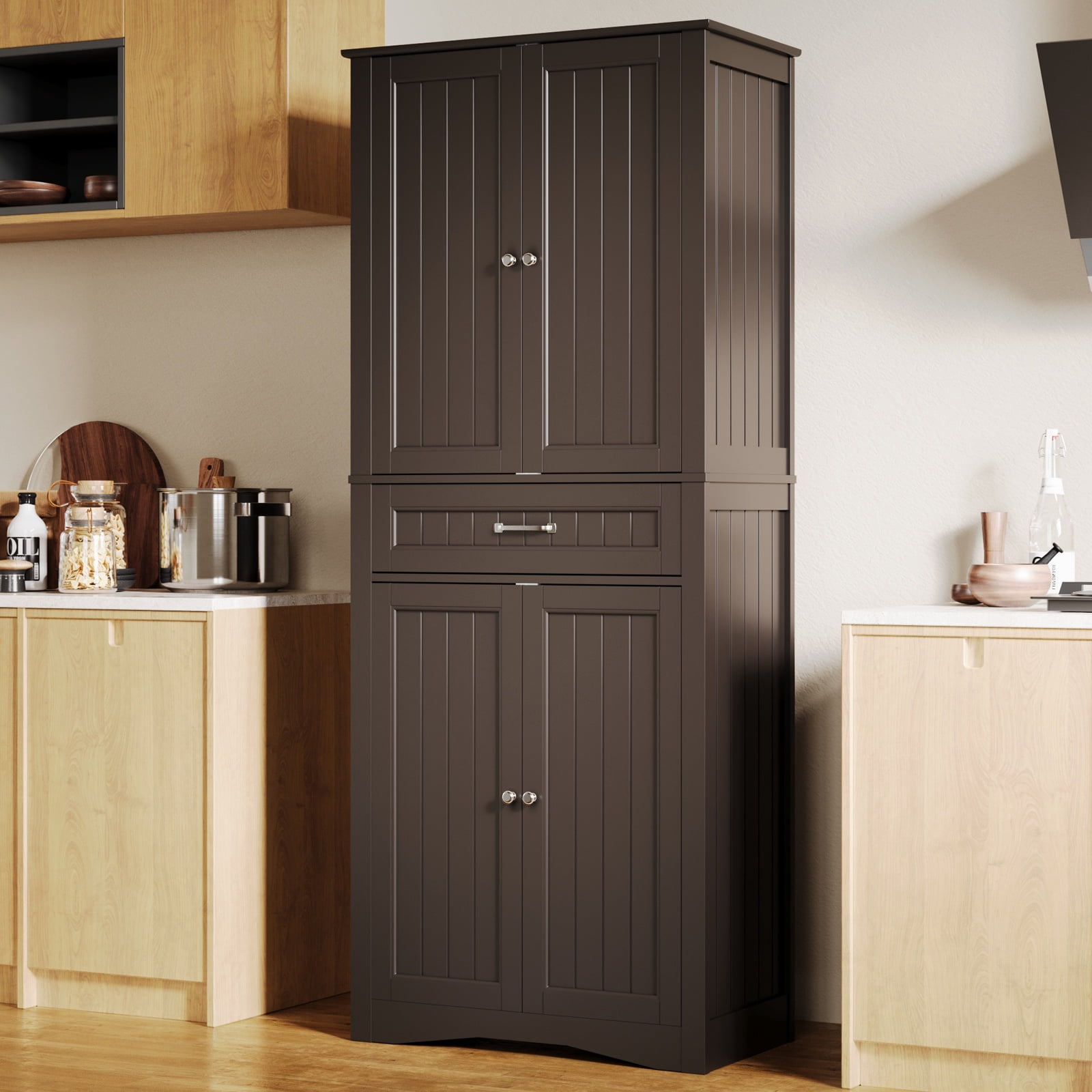 Asofer 71 Inch Tall Kitchen Pantry Cabinet with 4 Doors, Adjustable Shelves & 15" Deep Drawer, Dark Brown