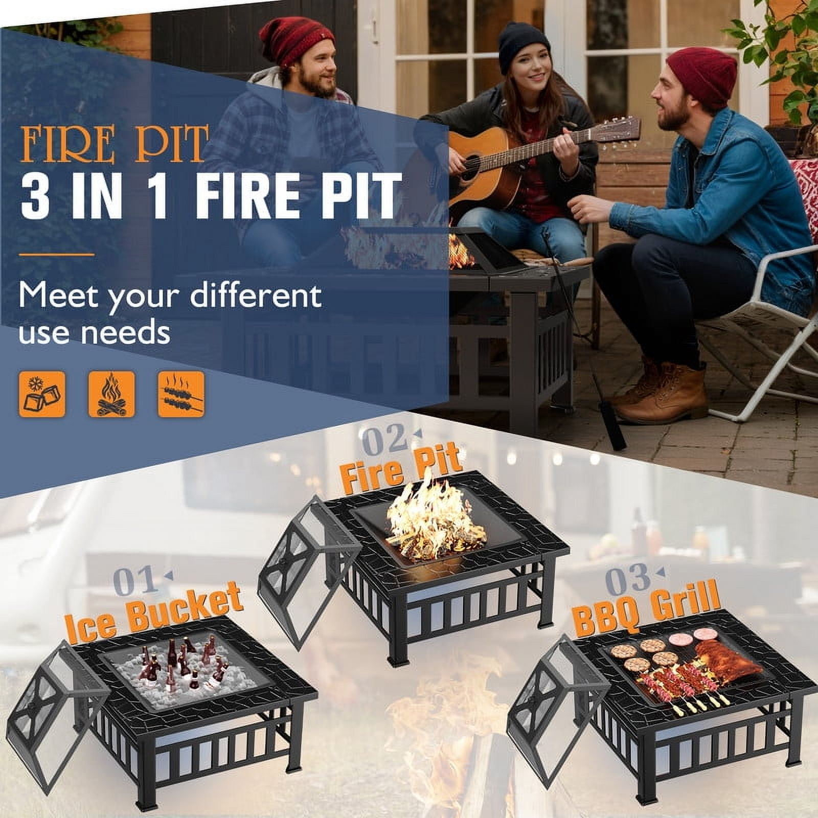 Devoko Outdoor 32" Square Metal Fire Pit with Cover and Poker, Black
