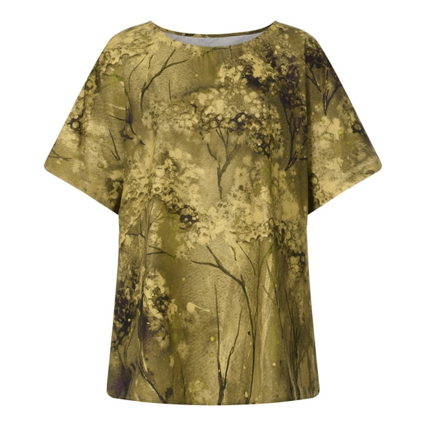 Tops de Mujer Elegantes Blusas Casuales Camisas Estampado de Moda Cuello Redondo Camiseta de Manga Corta Blusa Suelta Odeerbi ODB154431