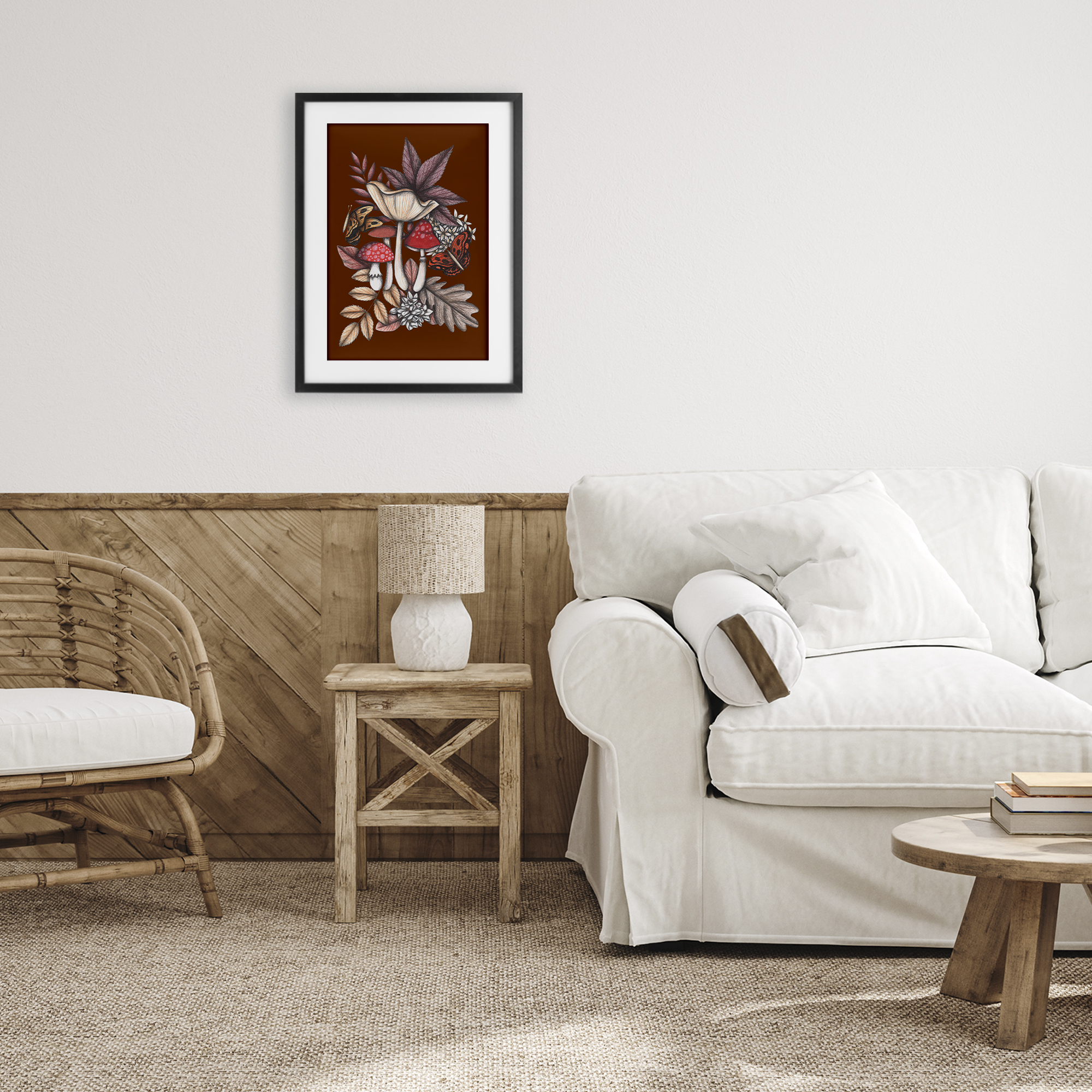 Autumn Mushrooms Magic Black Framed Print Under Glass, design by Cecilia Battaini