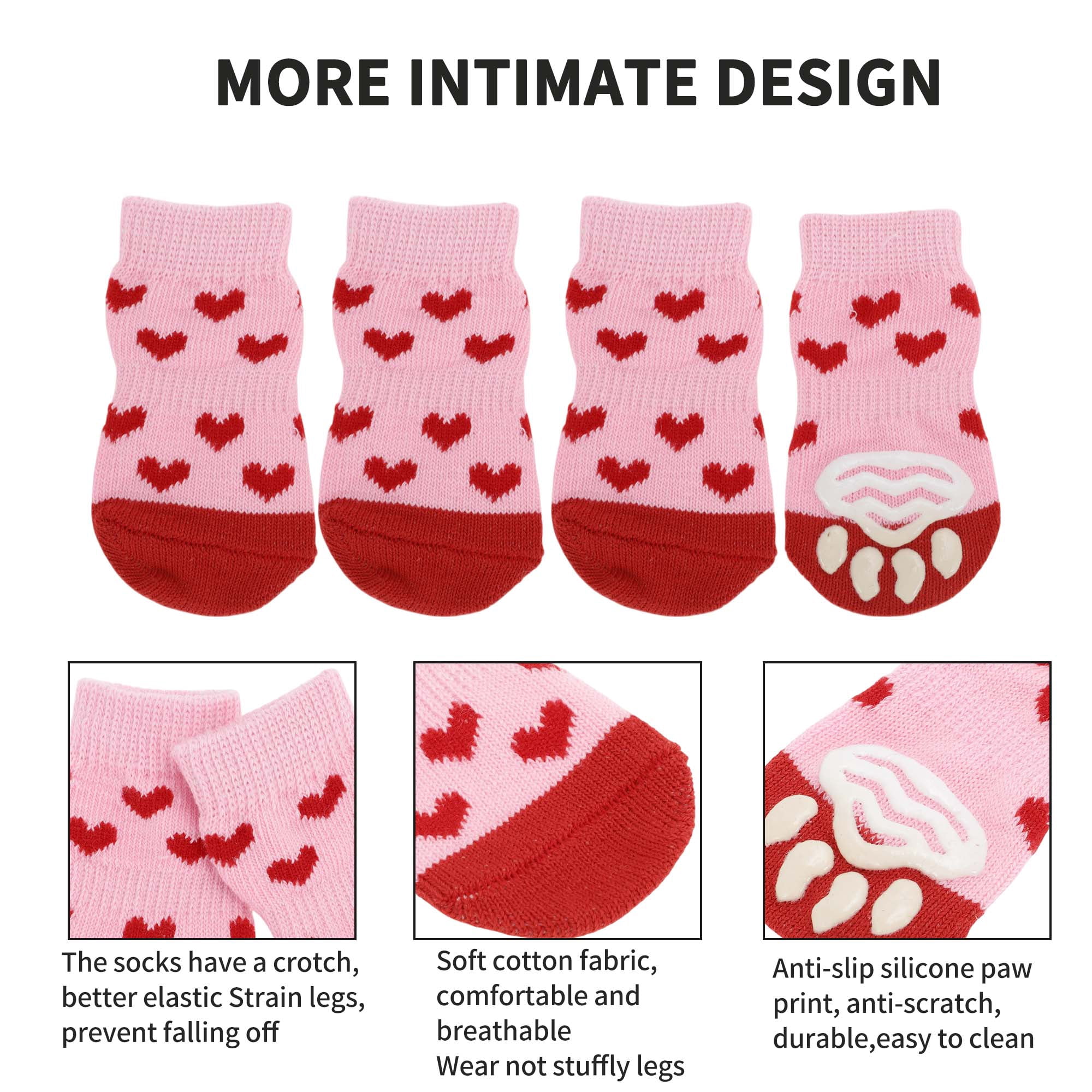 Unique Bargains Dog Socks Non-Slip Heart Pattern Socks 4 Pcs Pink S
