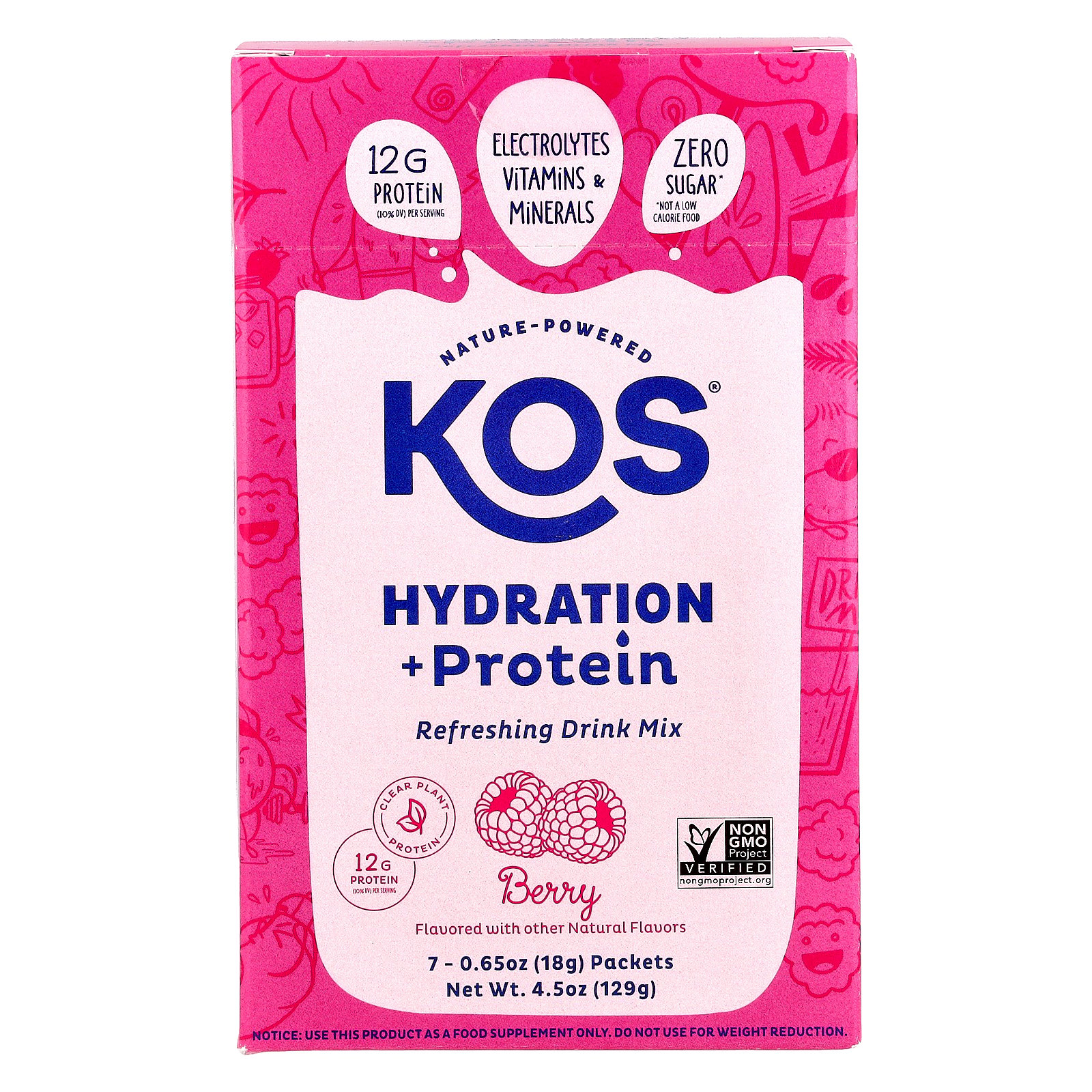 KOS Hydration + Protein, Refreshing Drink Mix, Berry, 7 Packets, 0.65 oz (18 g) Each