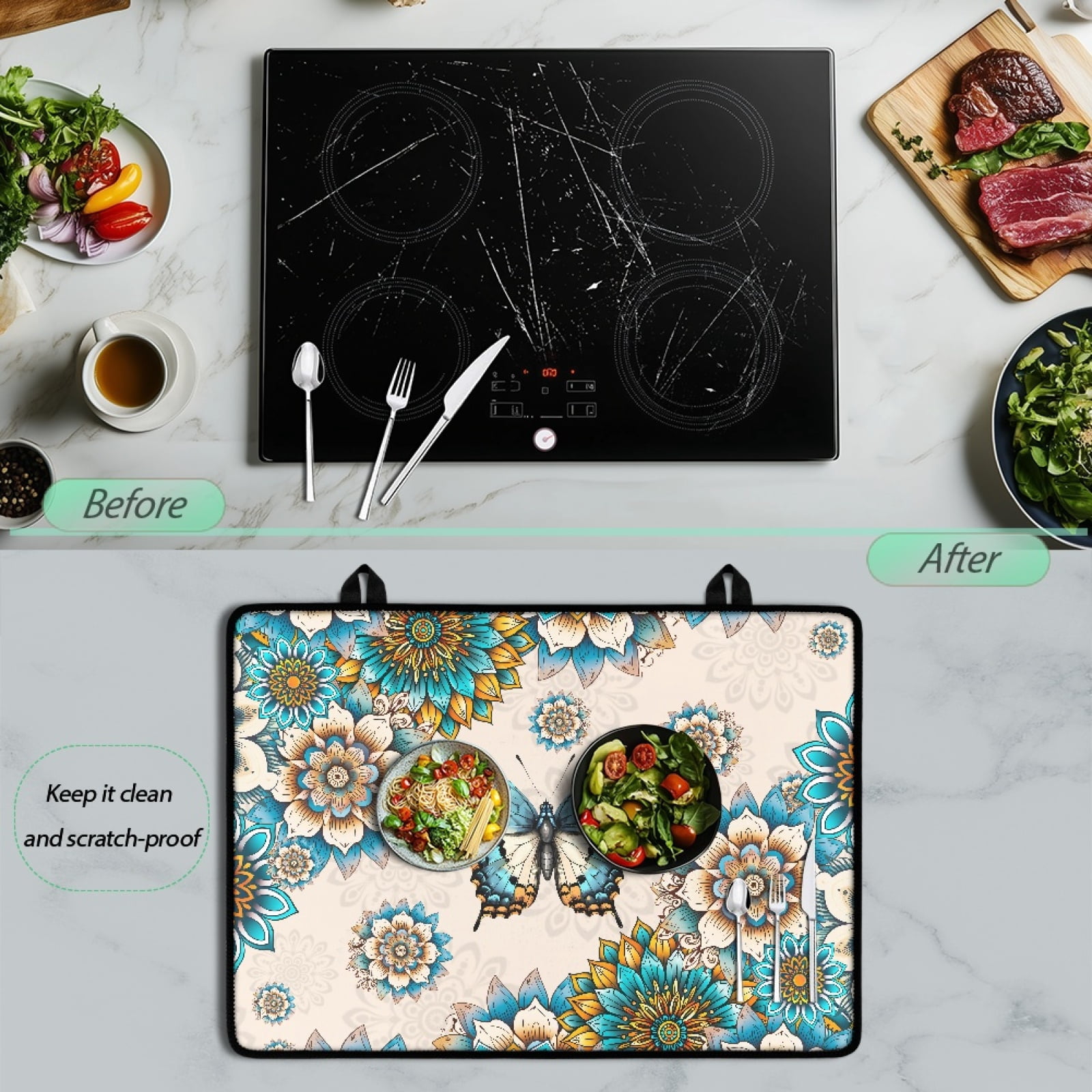 Renewold Stove Top Cover for Electric Stove, Stove Mat for Glass Stove Top, Heat Resistant Oil Resistant Cooktop Protector Cover for Kitchen Decor, Bohemian Flower Butterfly