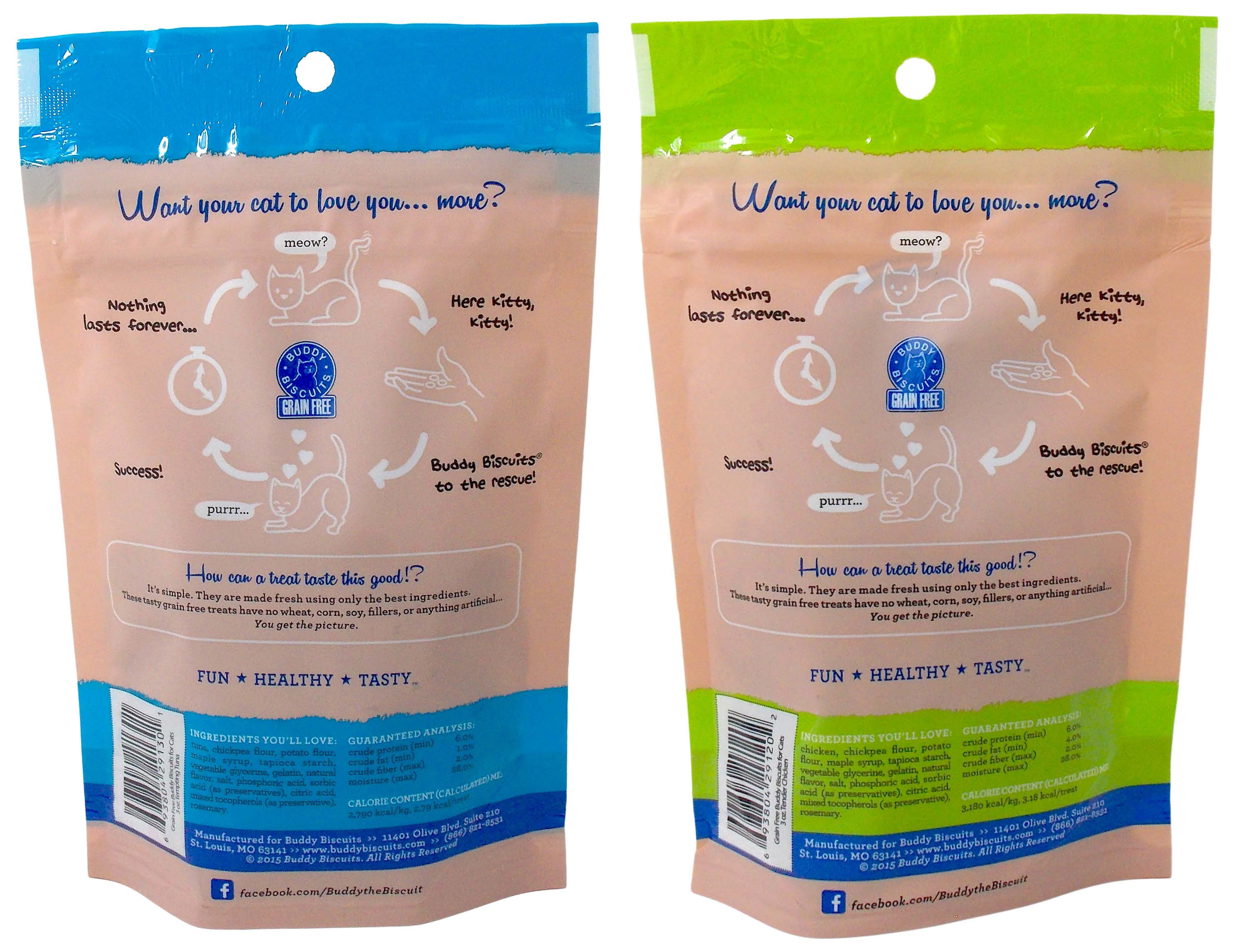 Soft Moist Cat Treats Grain-Free  2 Flavor (2) Each: Tempting Tuna, Tender Chicken (3 Ounces) + MerlinsMart Zine + Catnip Toy | Buddy Biscuits