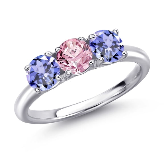 Gem Stone King 925 Sterling Silver Pink Lab Grown Diamond and Blue Tanzanite Engagement Ring for Women | 1.42 Cttw | Round 5MM | Gemstone April Birthstone | Size 7