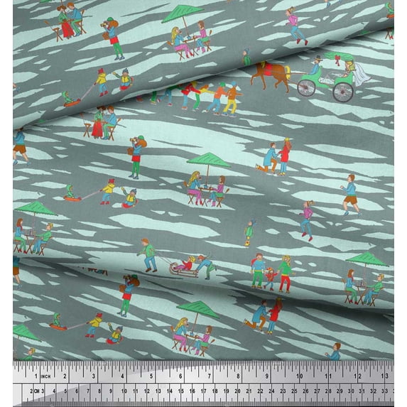 Soimoi Rayon Fabric Horse Cart,Sleigh & Humans Holiday Print Sewing Fabric Yard 56 Inch Wide