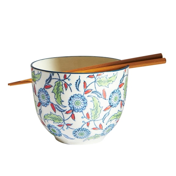 Chumbak Ceramic Bowl with Chopsticks Set Jaipur Backyard Floral Ceramic 7 oz
