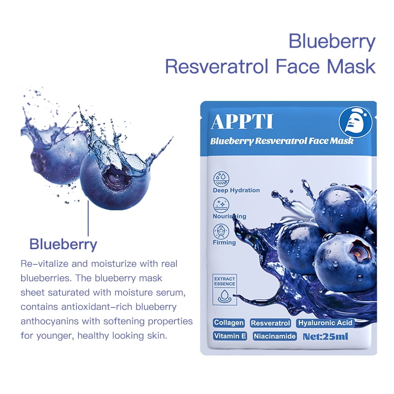 20PCS APPTI Blueberry Resveratrol Face Mask – Antioxidant & Revitalizing Treatment for Youthful Defense, Brightening Dull Skin & Enhancing Radiance with Berry Power.