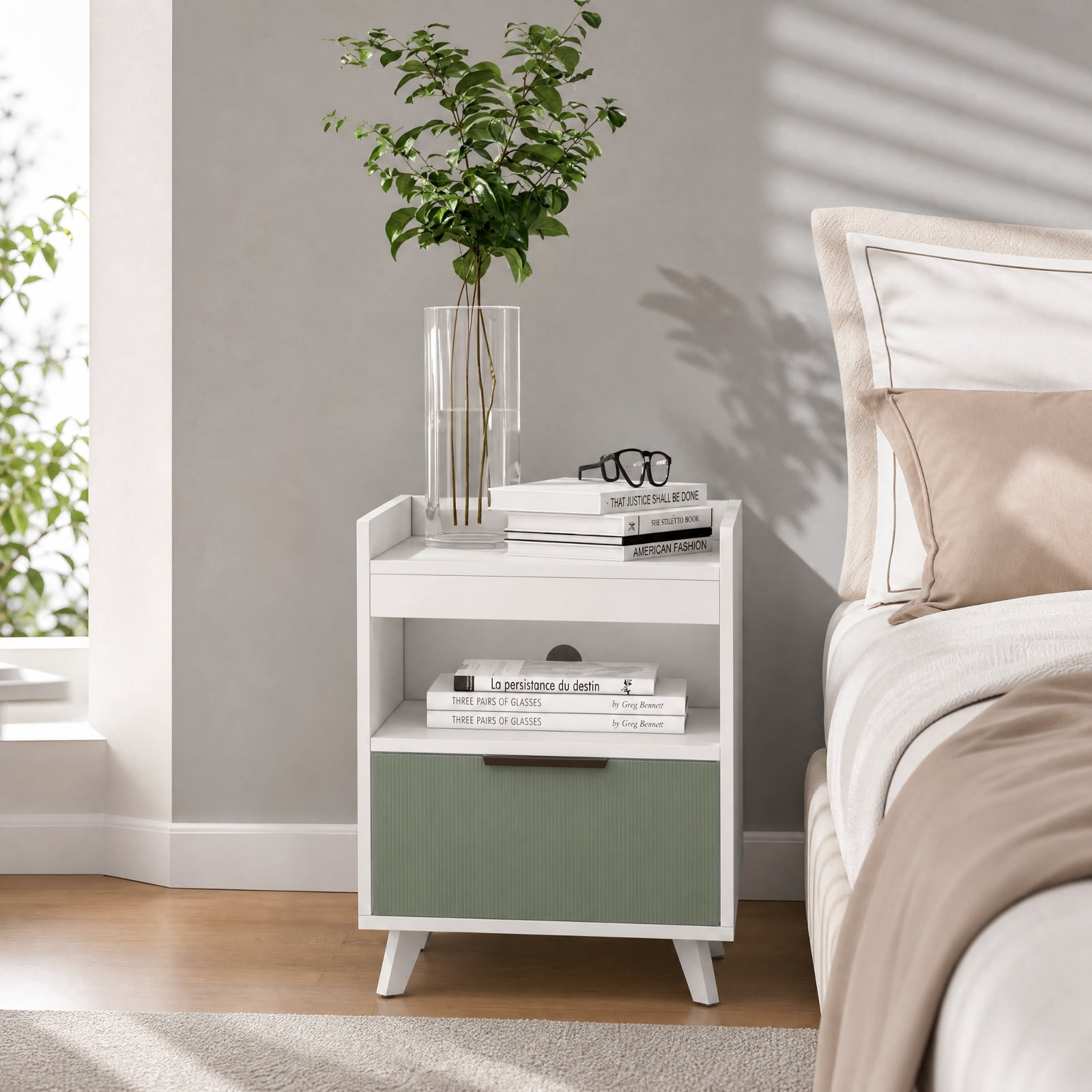 Furnibear Modern Nightstand with LED Lights Sliding Drawer and Open Compartment for Bedroom Living Room Bedside Sofa Side Small Space, White