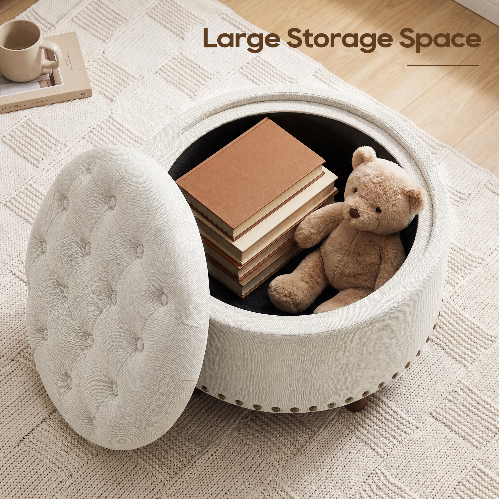 AFO Round Storage Ottoman with Tray, Beige Upholstered photo 3