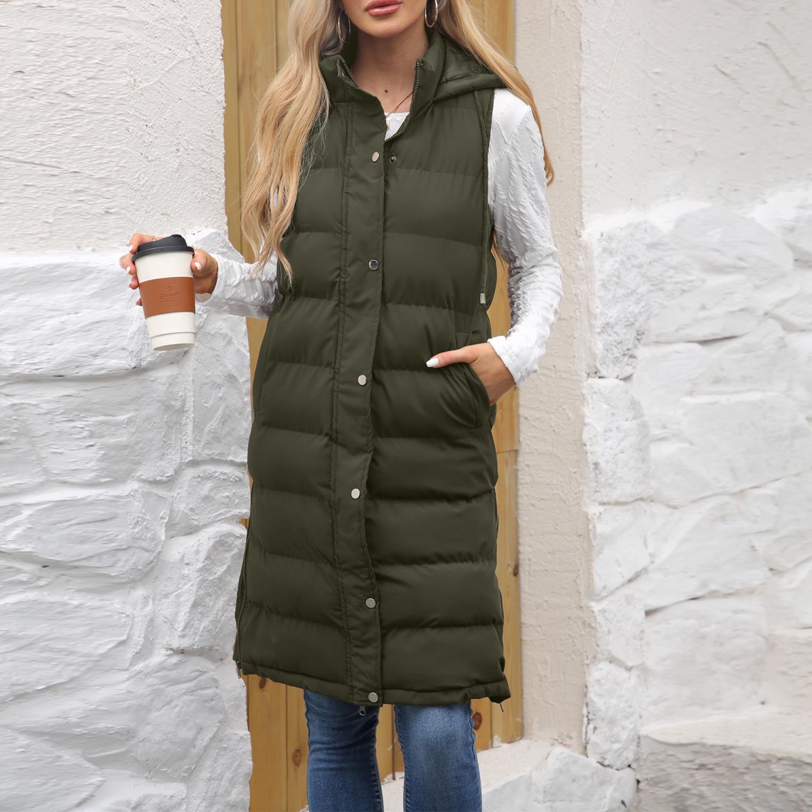FAVIPT Womens Plus Size Puffer Vest Long Lightweight Hoodie Jacket Zip Up Quilted Button Coats Sleeveless Pockets Trendy 2025 Outerwear Army Green,XXXL