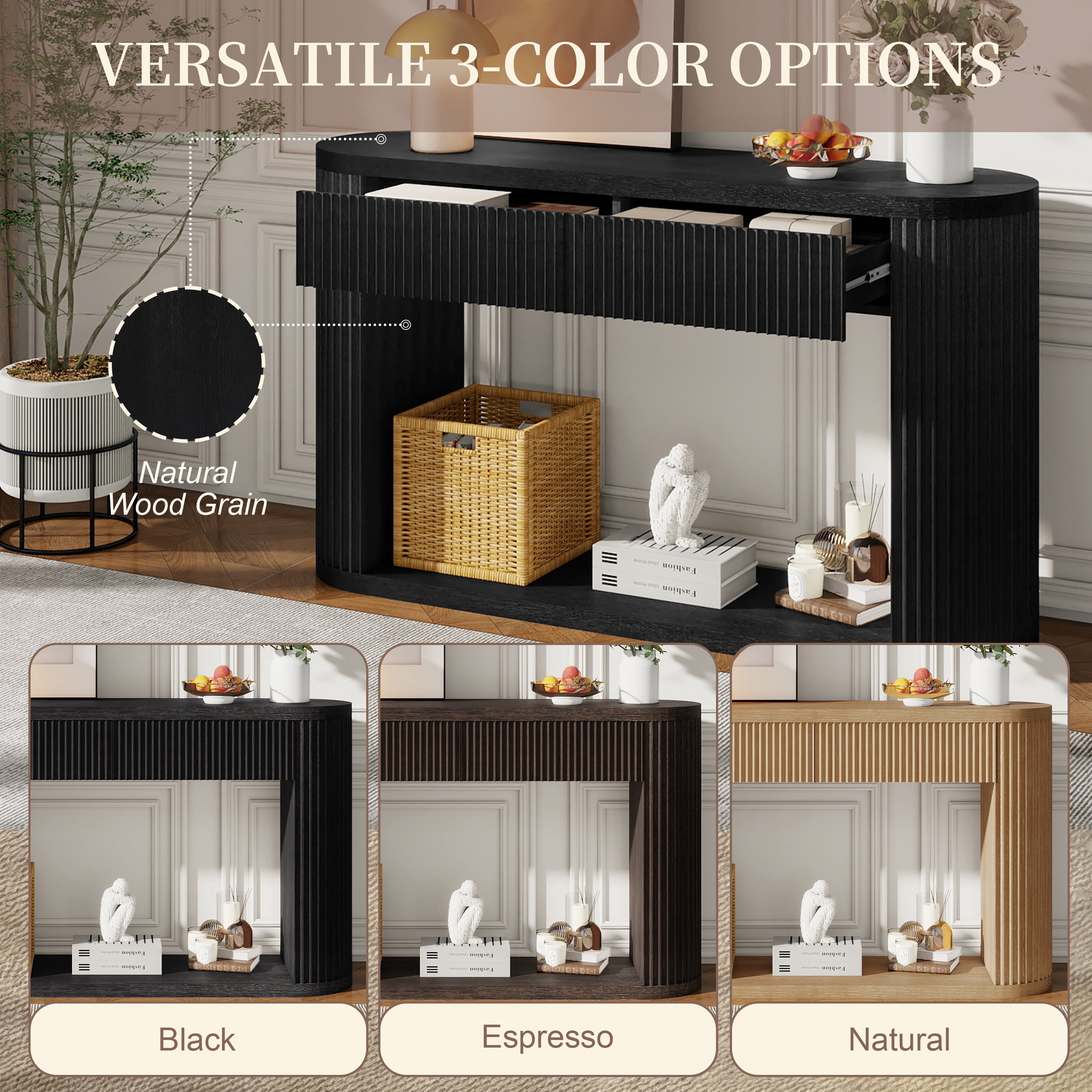 Euroco 53" Fluted Console Table with 2 Drawers, Modern Entryway Table with Storage & Bottom Shelf,Wood Long Sofa Table Behind Couch for Living Room, Hallway, Foyer,Black