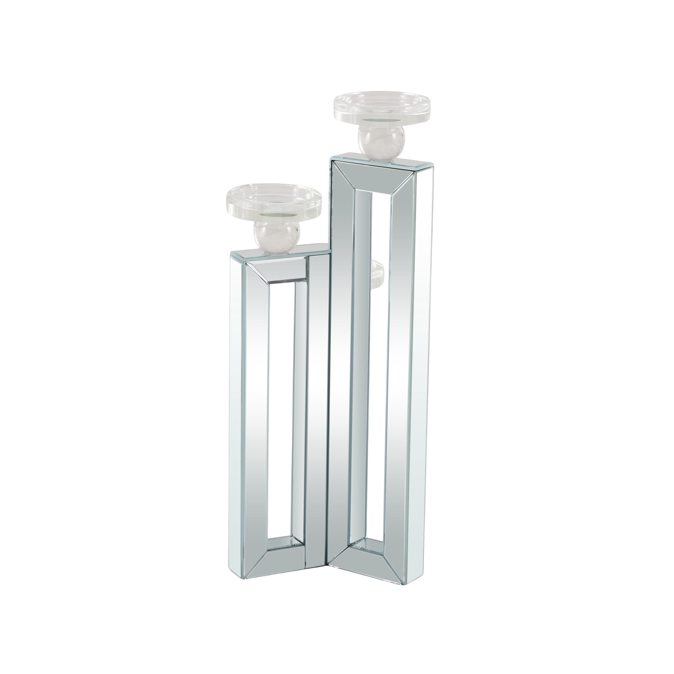 DecMode Glam Wood 3 Plate Pillar Candlle Holder with Silver Beveled Glass Finish, 7"W x 21"H