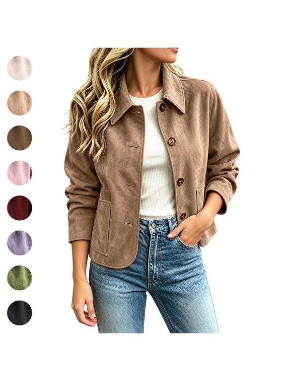 Womens Faux Suede Cropped Jacket Long Sleeve Button Down Collared Shacket Jackets Casual Work Office Outerwear with Pockets Khaki XXL