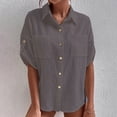 thumbnail image 4 of QLEICOM White V Neck Shirts for Women, Summer Button Down Shirt, Solid Color Lapel Short Sleeve Blouse, Casual Office Bussiness Shirts Plain Blouses Tops Gray L, 4 of 4
