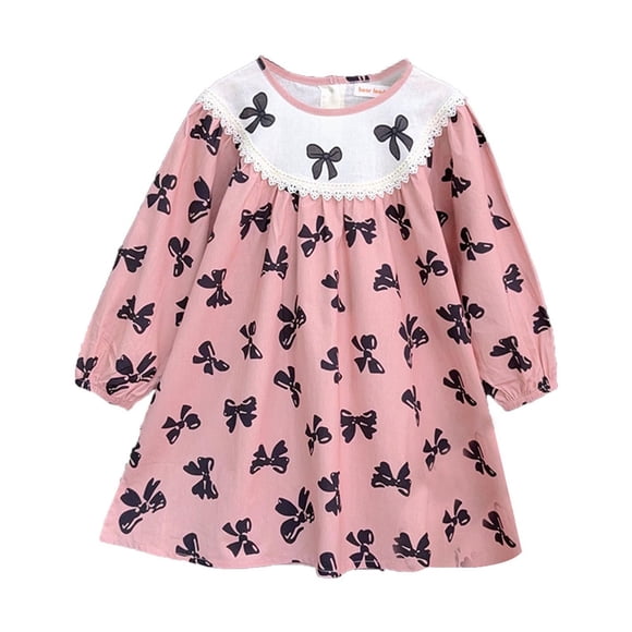 SXcggal One K Robe pour Enfants avec Imprimé Nœud Robe Ample pour Fille Manches Longues Robe Princesse Assortie Respirante Mignonne Décontractée