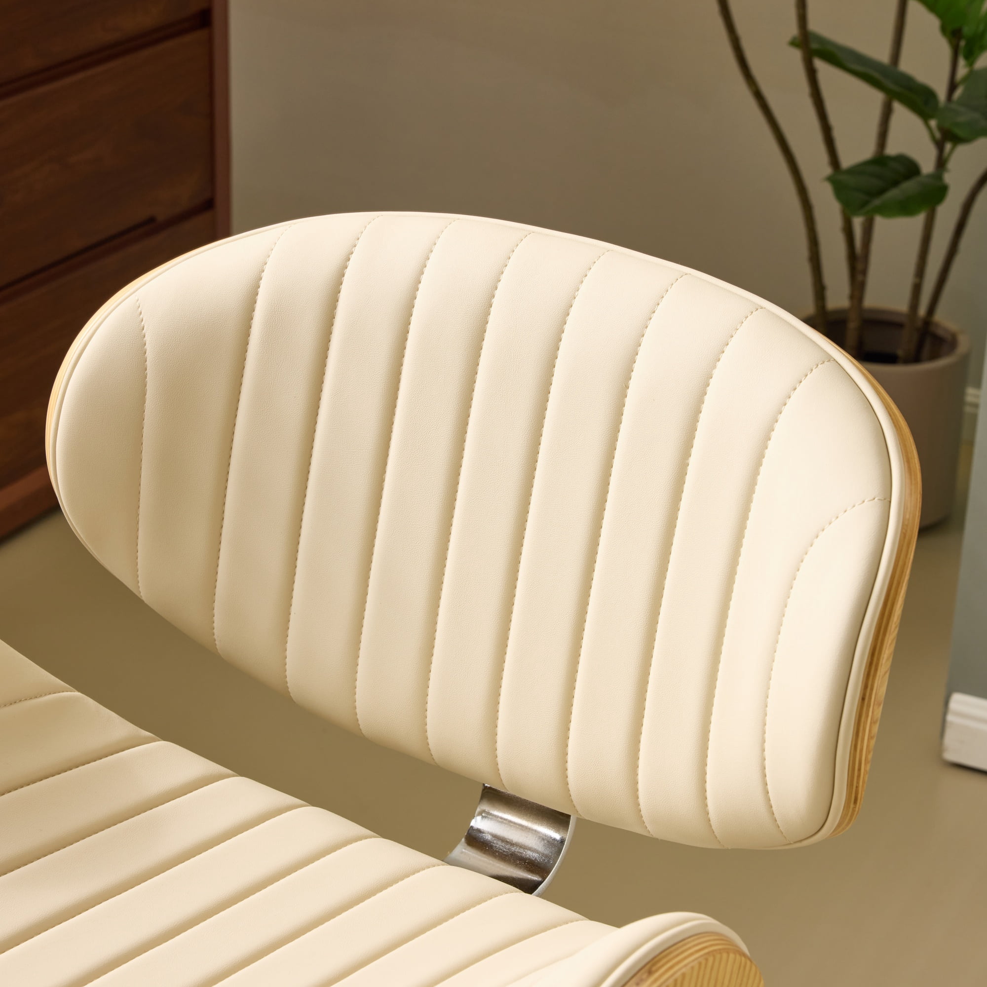 Ktaxon Armless Office Chair, Curved Wood Accent Desk Chair with Swivel Seat, PU Task Chair for Study, Makeup Vanity Beige