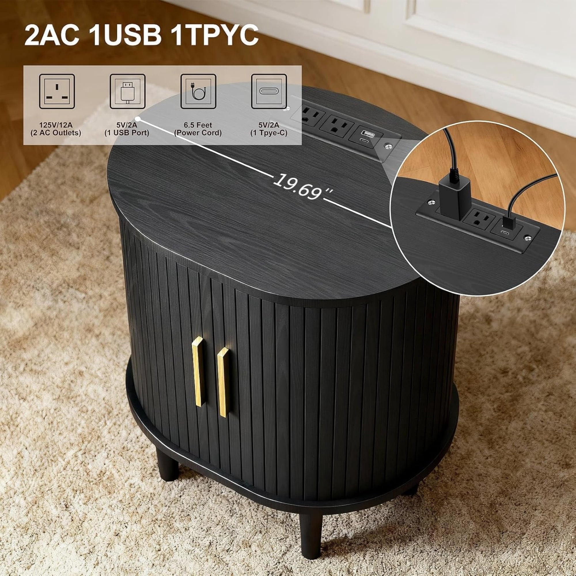 Mid Century Modern Nightstand with Charging Station, Fluted Side Table with Sliding Door & Adjustable Shelf, Black