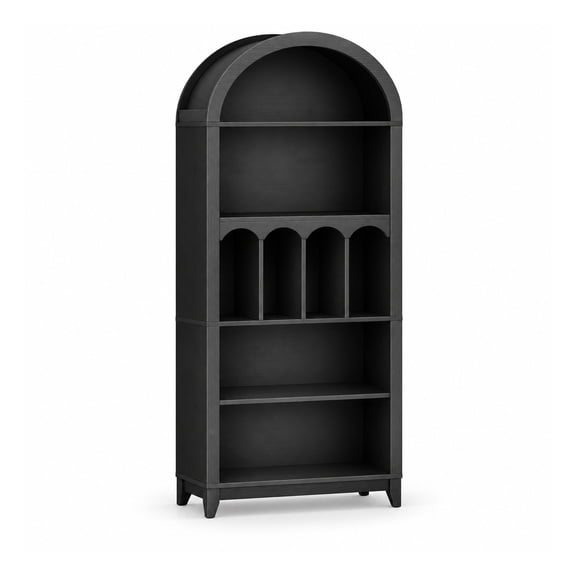 70.9 in Tall Arched Bookcase, 5-Tier Wooden Display Shelving Unit with Storage, Black Open Book Shelf for Bedroom Home Office Living Room