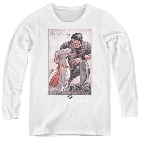 Trevco Sportswear SM2386-WL-2 Womens Superman & Mans Best Friend Long Sleeve T-Shirt, White - (Best Shrubs For Birds)