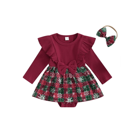 Suealasg Baby Girls Christmas Outfit 3 6 9 12 Months Infant Girls Long Sleeve Snow Print Plaid Romper Dress   Headband Set 0-18M 2Pcs Newborn Girl Fall Clothing