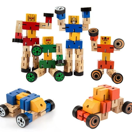 - Kids Cool Wooden Transformer Deformable Toy, Wooden Magic Cube Robot Car People Change Toy - Color Random