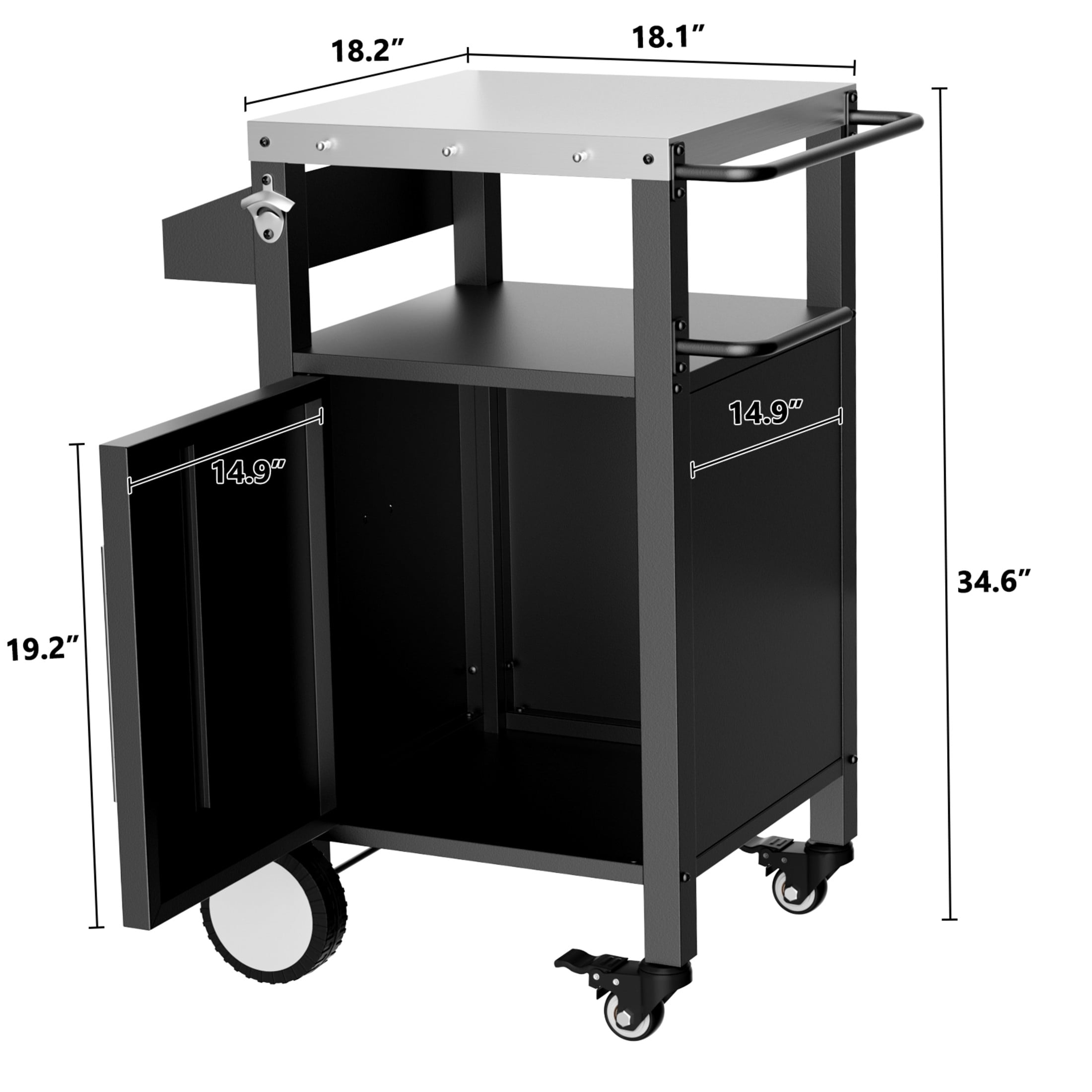 Noble House Outdoor BBQ Grill Table Cart, Stainless Steel Rolling Bar Cart with Cabinet, Hooks & Locking Wheels, Black