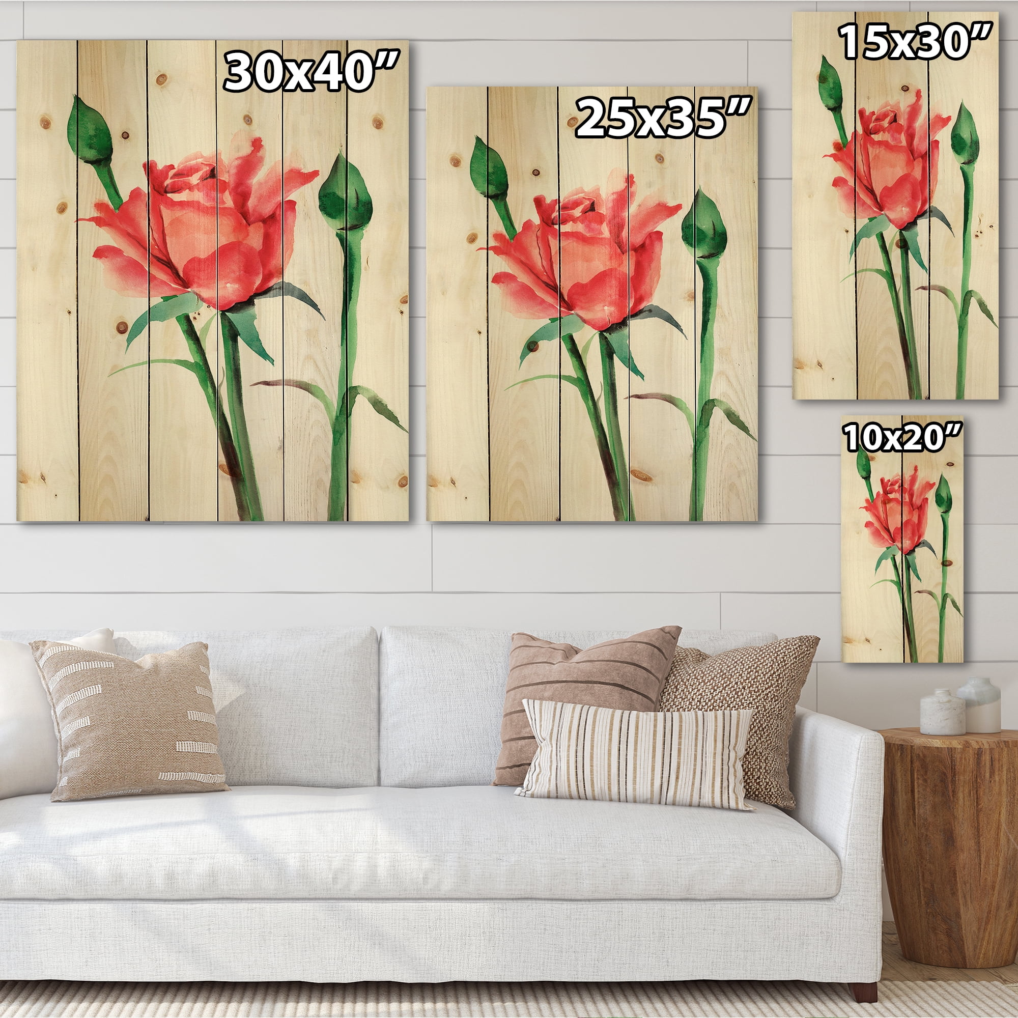 Designart 'Buds With Red Rose' Traditional Print on Natural Pine Wood