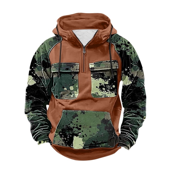 Atogsazn Men's Sherpa Lined Camouflage Hoodie 1/4 Zip Long Sleeve Pullover Hooded Sweatshirt Winter Warm Tops with Pocket 03-Orange XXXL Fashion