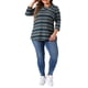 thumbnail image 2 of Blusa casual de mujer de talla grande Agnes Orinda, con mangas 3/4, de punto, a rayas, con cuello asimétrico, camiseta de moda 3X en azul y albaricoque., 2 of 6