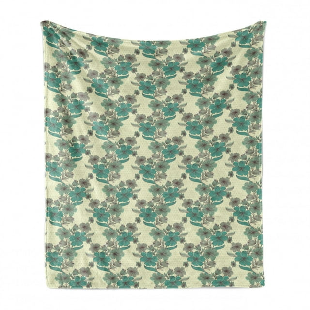 Vintage Soft Flannel Fleece Throw Blanket, Hatched Style Pastel Flowers on Polka Dots, Cozy Plush for Indoor and Outdoor Use, 70" x 90", Cream Multicolor, by Ambesonne