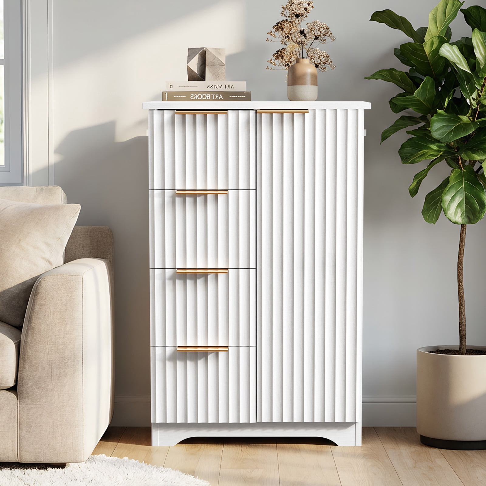 Ktaxon Modern Bathroom Floor Cabinet, Fluted Storage Cupboard with 4 Drawers & 1 Door, Freestanding Wooden Organizer for Bathroom, Living Room, White