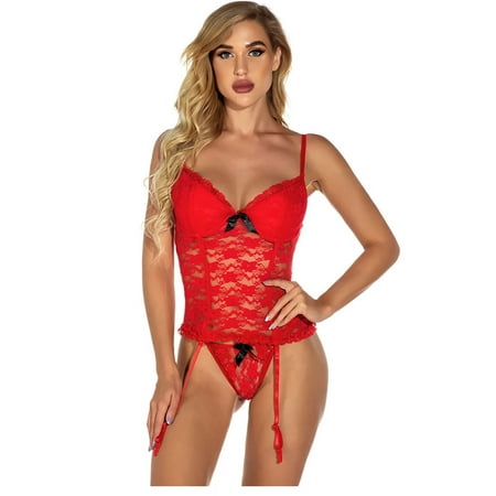 

Ykohkofe Women Sexy Pajamas Bow Garter Belt Underwear Lace Sling Suit