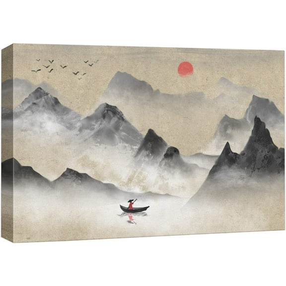 wall26 Canvas Print Wall Art Chinese Watercolor Fisherman and Mountains Nature Wilderness Illustrations Modern Rustic Scenic Multicolor Colorful for Living Room, Bedroom, Office - 12"x18"