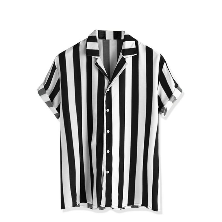 Unique Bargains Men s Short Sleeves Summer Striped Beach Shirt S Black and White Size Small