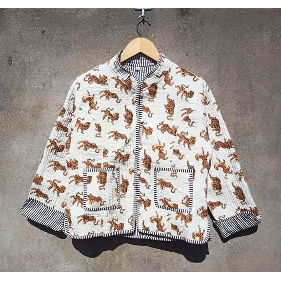 Indian Cotton Handblock Print Quilted Jacket Coats, Unique and Comfortable Warm Layering Piece for Cold Days, Ideal Gift for Her Christmas_XXL