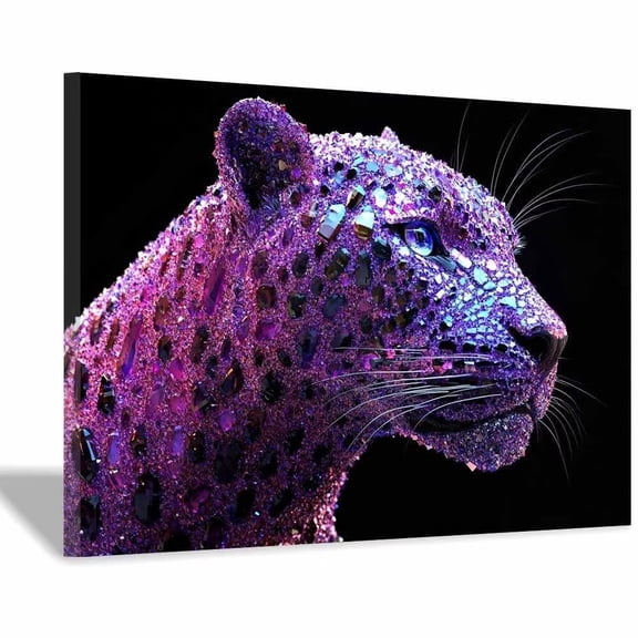 Mudket Framed Pink Purple Crystal Leopard Canvas Wall Art, Glam Leopard Print Wall Decor for Women Bedroom, Trendy Animal Wall Art, Ready to Hang - 12"L x 8"W