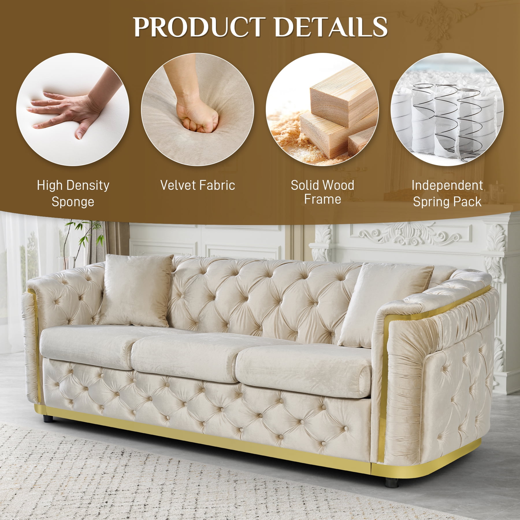 Wiilayok 84.6" Velvet Button Tufted Sofa,Mid-Century Classic Chesterfield Sofa Couch with Thick Backrest&Armrest,Gold Steel Accents,3 Seat Sofa Couches for Living Room,Beige