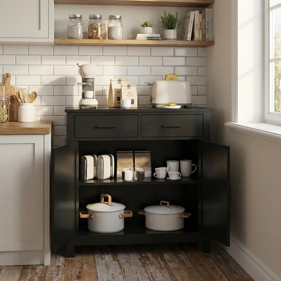 Homy Casa 31.5" Pantry Storage Cabinet Drawers and Doors, Adjustable Shelf, Kitchen Sideboard Buffet