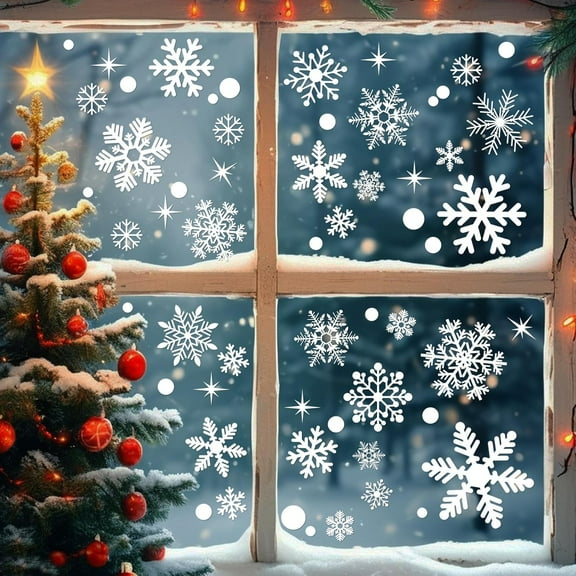 155 Pcs 9 Sheets Christmas Window Clings, Christmas Window Stickers, White Snowflake Window Decals, Double-Sided Reusable Winter Window Decoration Stickers for Holiday, Party Supplies