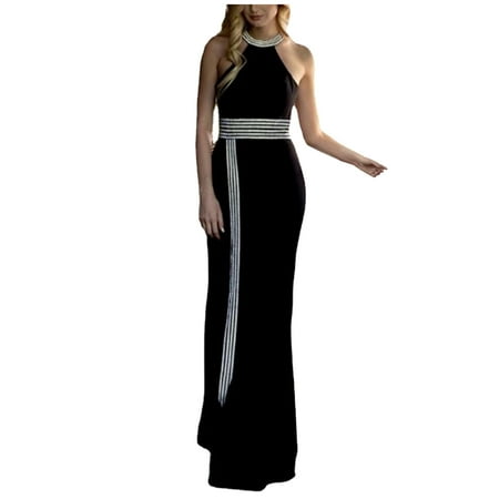 

Hfyihgf Women s Elegant Halter Neck Floor Length Dress Sleeveless Backless Wedding Guest Long Evening Party Prom Dress Gown(Black L)