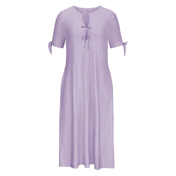 Ashirexll Long Dresses for Women, Flowy Dresses for Women, Fashion Casual Solid Color Short Sleeve Round Neck Pocket Dress