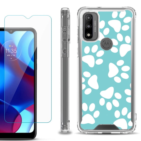 Shockproof Bumper Phone Case for Motorola Moto G Pure, with Tempered Glass Screen Protector, by OneToughShield ® - Pet Paw / Teal