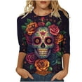 thumbnail image 2 of Haut pour Femme Imprimé Jour des Morts Manches 3/4 Col Rond Ample pour Chemise Décontractée à Manches Longues, Jour des Morts, 2 of 5