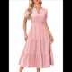 thumbnail image 3 of Vestido Bohemio Informal de Verano para Mujer, Ligero, de Corta, Cuello en V, Cintura Elástica y Bolsillos. Rosa XL, 3 of 8