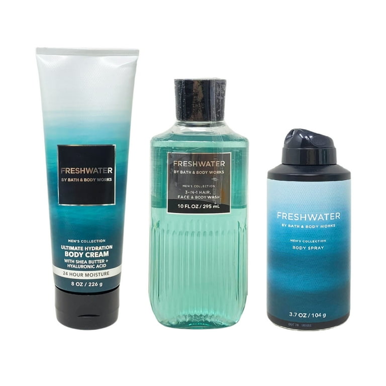 Bath and Body Works Men's Collection Freshwater Trio Gift Set - Body Cream  - 3-in-1 Hair, Face & Body Wash - Body Spray - Full Size